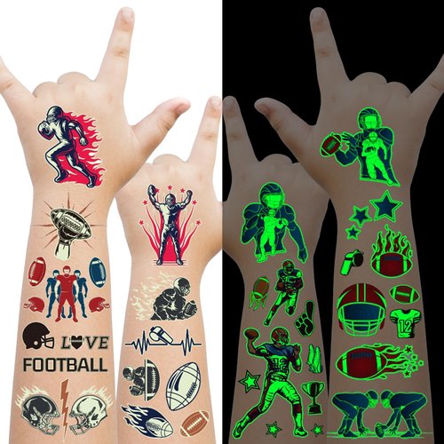 EMOME 10 Sheets Football Party Favors Decorations Supplies Glow Tattoos, Football Games Party Décor Goodie Bags, Luminous Football Stickers Tattoos for Kids Boys