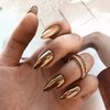 Bronze Chrome Fall Press on Nails Medium Almond, KQueenest Metallic Brown Acrylic Fake Nails Medium Stiletto, Glitter Glue on Nails for Women Daily Party Wear, Glossy False Nails Press ons in 24 Pcs