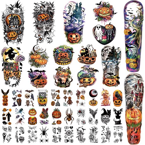 Yazhiji 44 Sheets Halloween Full Arm Temporary Tattoos Pumpkin Witch Sugar Skull Tattoo for Women Men Boys and Girls Zombie Make up Kit, Scar Waterproof Tattoos for Parties