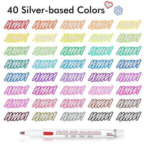 Shuttle Art Double Line Outline Permanent Markers, 40 Colors Squiggles Shimmer Markers Set, Self Outline Metallic Marker Pens for Art, Drawing, Doodling, Card Making, Christmas Card, DIY Crafts