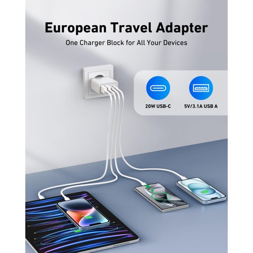 USINFLY European Travel Plug Adapter, 40W 4-Port USB C Wall Charger Plug Type C Fast Charging Block International Power Adaptor US to Europe EU for iPhone 16 15 14 13 12 11 Pro Max XS X, iPad, Samsung