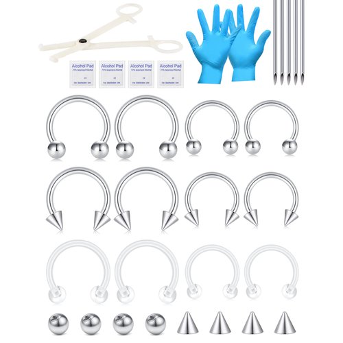JIESIBAO Septum Piercing Kit,16G Staineless Steel Nose Septum Retainer Rings 14G Piercing Needles Kit Horseshoe Cartilage Helix Tragus Earring Hoop Eyebrow Retainer 10mm 12mm