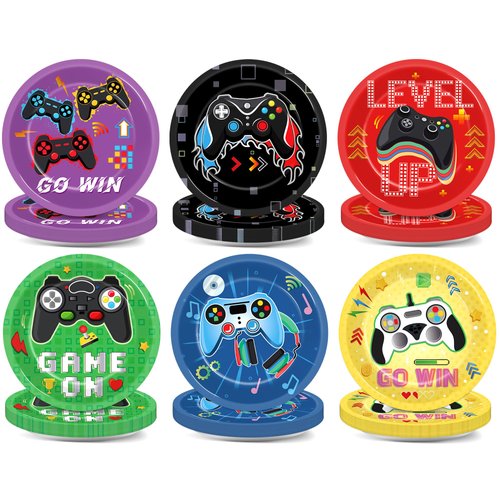 Justforjoyful 48PCS Video Game Birthday Plates Gaming Party Supplies 7Inch Colorful Gamer Tableware Game on Party Disposable Paper Dessert Plates for Boys Girls Kids Table Decoration Favor