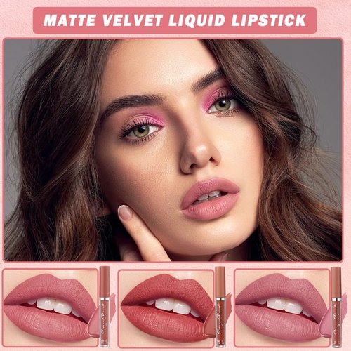XINGXYUEL 3 Colors Nude Matte Lipstick Set Liquid Lipstick Velvet Nude Pink Lipstick Lip Stain Long Lasting Waterproof,Non-Stick Cup Not Fade Lip Gloss Lipstick for Women Lip Makeup Lip Stick Set B