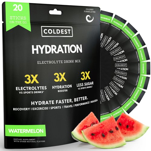 Coldest Hydration - Electrolytes Powder Packets - Non GMO & No Artificial Sugar - Electrolyte Drink Mix - Easy Open Single-Serving Stick Drop in Water - 20 Sticks per Pack (Watermelon)