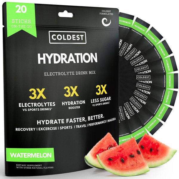 Coldest Hydration - Electrolytes Powder Packets - Non GMO & No Artificial Sugar - Electrolyte Drink Mix - Easy Open Single-Serving Stick Drop in Water - 20 Sticks per Pack (Watermelon)