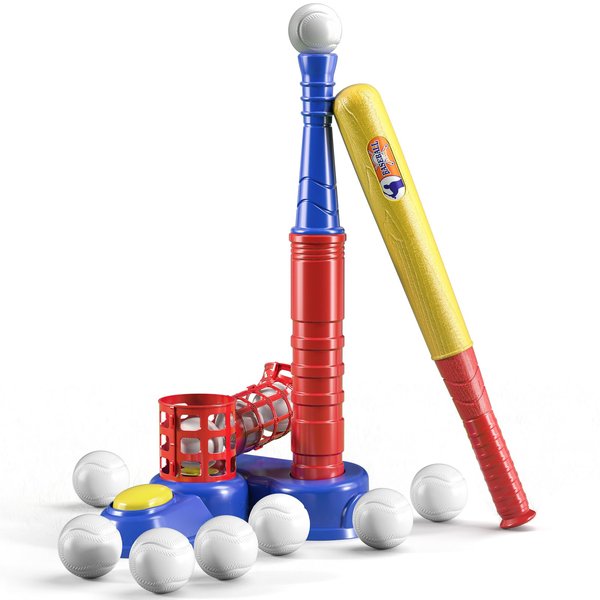 TEMI 2 in 1 Tee Ball Set for Kids 3-5|5-8, Kids Baseball Tee, T-Ball Set with 10 Balls, Step on Pitching Machine, Batting Tee, Outdoor Sport Toy Games for 3 4 5 6 7 8 Year Old Boys Kids Toddler