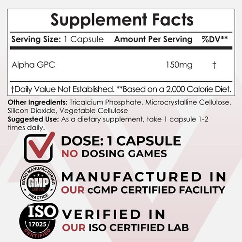 Nootropics Depot Alpha GPC Capsules | 150mg | 60 Count | Choline Supplement | Brain Health Supplement | Supports Healthy Brain Function | Enhance Cognition, Memory + Focus