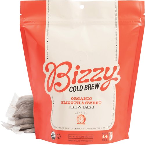 Bizzy Organic Cold Brew Coffee | Smooth & Sweet Blend | Coarse Ground Coffee | Medium Roast | Micro Sifted | Specialty Grade | 100% Arabica | Brew Bags | 4 Count | Makes 14 Cups