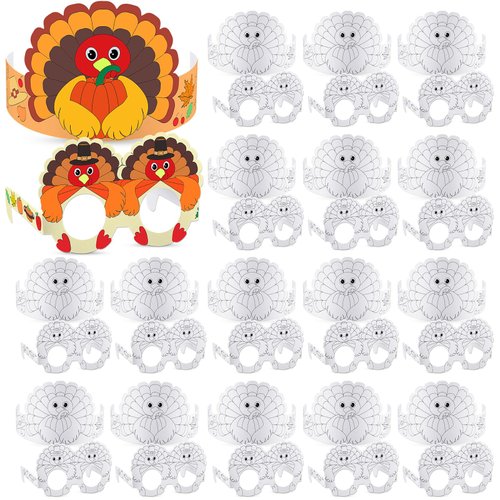 Yilloog 72 Pcs Thanksgiving Craft for Kids Set Color Your Thanksgiving Paper Crowns Party Hats and Turkey Glasses Turkey Stuff Thanksgiving Fall Harvest Party Decoration Supplies