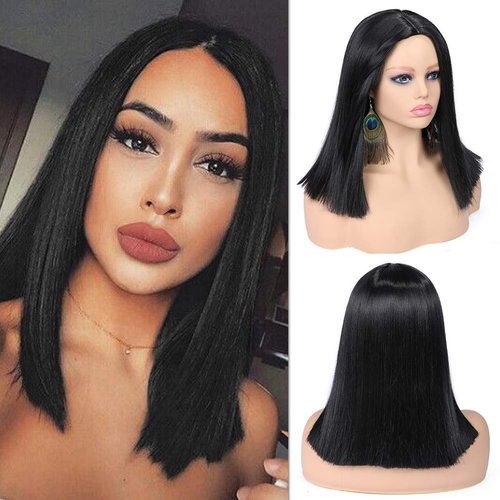 Quick Wig Short Straight Bob Wigs Black Short Wig Middle Part Synthetic Wigs Shoulder Length Daily Cosplay Party Wigs for Women 14 inches