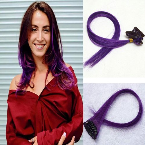 18 Inch High light Clip in Human Hair Extensions 100% Straight Clip on Party Highlights Colored Hair Extensions 6 Pieces/set (Purple)