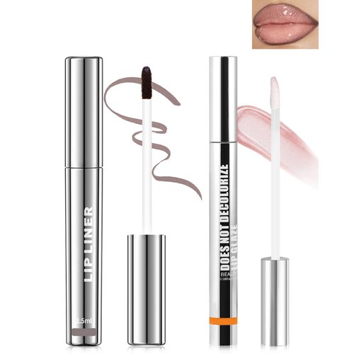 Peel Off Lip Liner Stain, Long Lasting Stay Waterproof Lip Tint Stain Peel Off, Cocoa Lip Liner Tattoo and Clear Glitter Lip Gloss Combo, Non-Stick Cup Nourishing Shimmer Lip Oil Lipstick Makeup-Set 4