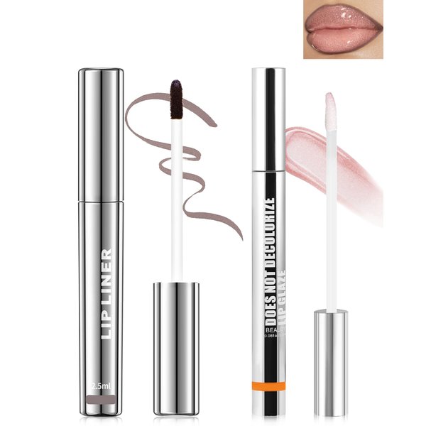 Peel Off Lip Liner Stain, Long Lasting Stay Waterproof Lip Tint Stain Peel Off, Cocoa Lip Liner Tattoo and Clear Glitter Lip Gloss Combo, Non-Stick Cup Nourishing Shimmer Lip Oil Lipstick Makeup-Set 4
