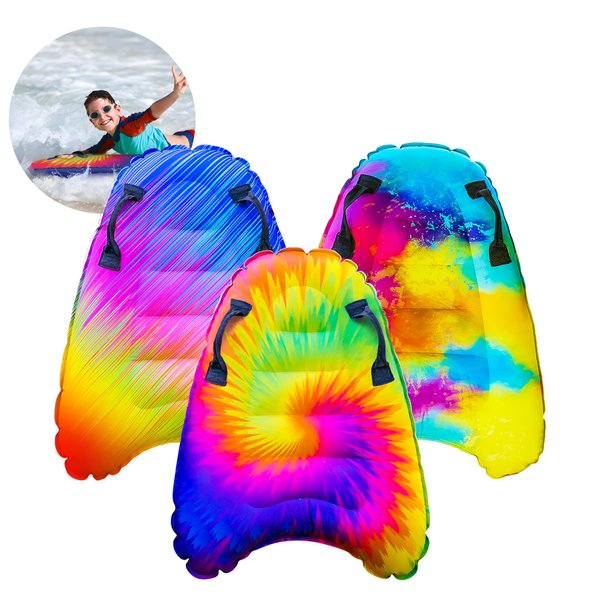 Jambo Premium Inflatable Surf Body Board with Handles, Boogie Board for Beach, Pool Floats, Fun Pool and Beach Toy for Kids (3 Pack -Tie Dye, Water Color and Color Spiked)