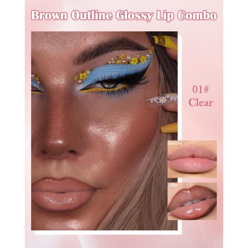 Brown Peel Off Lip Liner Stain & Clear Lip Oil Set, Waterproof Long Lasting Tattoo Peel & Reveal Lip Stain Tint, Hydrating Non-Sticky Tinted Lip Gloss Oil, Plumping Glossy Lip Combo Makeup for Women-A
