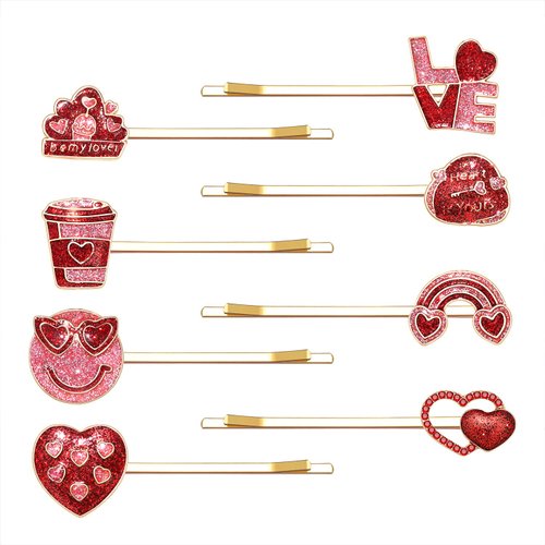 Valentine's Day Hair Pins Red Love Heart Hair Clips Rhinestone Enamel Heart Shaped Bobby Pins Set for Women Girls Styling Hair Accessory Party Gifts (Various Bobby Pins Set 8PCS)