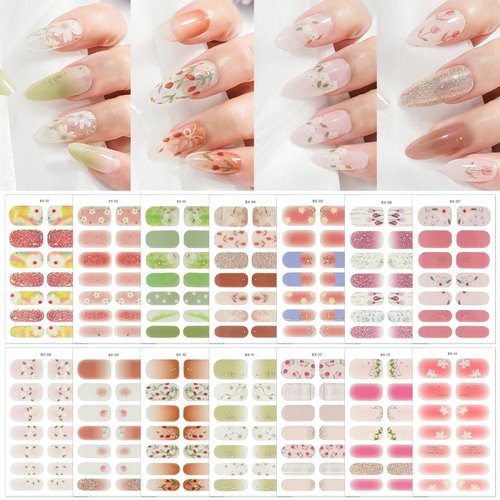KTAABTR 14 Sheets Semi Cured Gel Nail Strips Stickers Spring Flowers Gloss Nail Wraps Supplies Long Lasting Gel Nail Stickers Self Adhesive Design Real Nail Polish Decals for Women Girls DIY Manicure