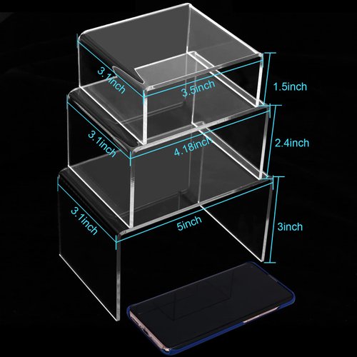 Ouskr 6 Pcs Acrylic Risers for Display, Acrylic Display Riser, Clear Display Stands for Shelf Dessert Cupcake Candy Food Tabletop Collectibles Product Bar Action Figure Jewelry Showcase (3- 4- 5 IN)