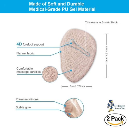 Medical Forefoot pads Ball of Foot Cushions gel Insoles shoe inserts (Self-Sticking) Metatarsal Pads for Women High Heels to Pain Relief. Dr.Eagle foot care () (Skin+Clear) 2 Count (Pack of 1)