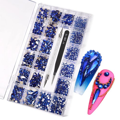 Yzzseven 12 Types of 600 Diamonds +2500 Flat Rhinestones Mix 20 Styles Flatback Rhinestone Crystals 3D Decorations Flat Back Stones Gems Set for for Nail Art DIY|（Blue）