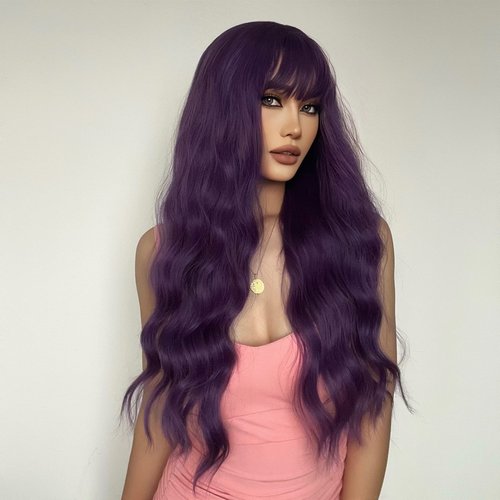 MAGQOO Dark Purple Wig Women Mardi Gras Wig Long Curly Wavy Deep Purple Wig with Bangs Synthetic Heat Resistant(Dark Purple)