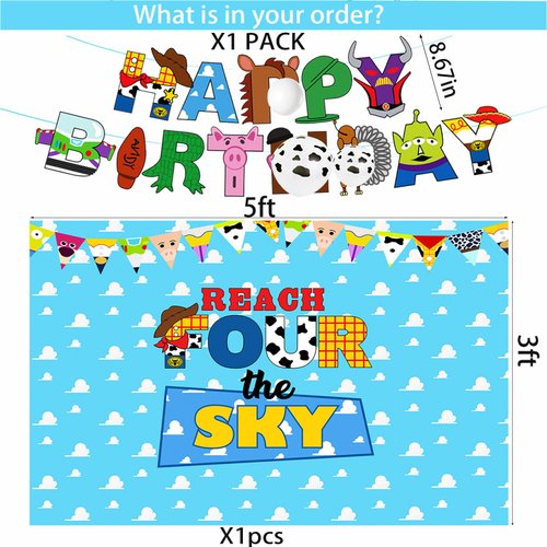 Cartoon Story Party Supplies 4th Birthday include Reach Four The Sky Cake Topper Backdrop Cupcake Toppers Balloons Banner for 4th Boys Girls Birthday Decorations
