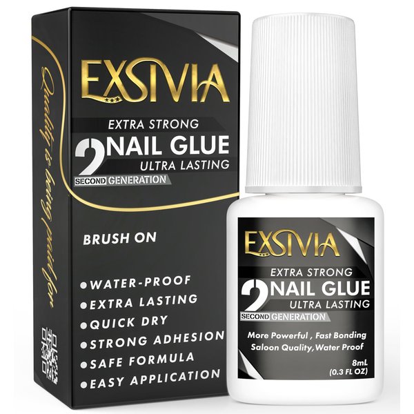 EXSIVIA 2nd Gen Super Strong Nail Glue - Salon Quality, Extra Strength for Acrylic, Press-On, Fake Nails, Quick Dry, Long Lasting, No Dehydrator or Primer Needed - 8ml