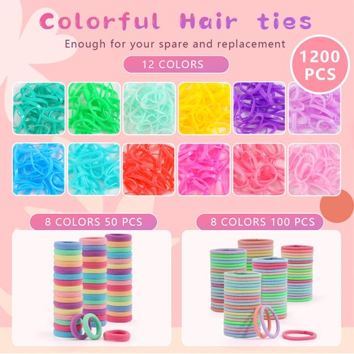 Hair Accessories for Girls, 1350P Colorful Hair Ties Set with 72P Hair Clips, Bobby Pins for Toddlers, Hair Wax Stick, Butterfly Hair Clips for Kids, Hair Barrettes with Hair Comb Set & Organizer Box