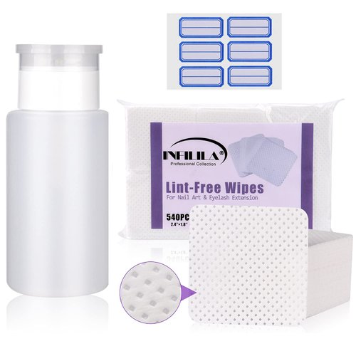 NXJ INFILILA Acetone Pump Dispenser 540PCS Lint Free Nail Wipes Upgrade Cotton Pads With 1PCS Alcohol Bottle Dispenser Alcohol Dispenser Push Down 180ml/6.4oz