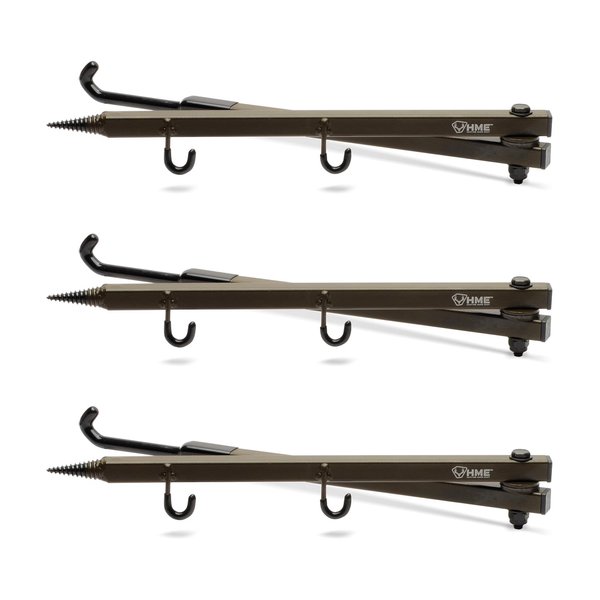 HME Durable Secure Convenient Portable Folding Tree Stand Bow Hanger w/Two Accessory Hooks - Extends to 20", Folds to 10", 3 Pack
