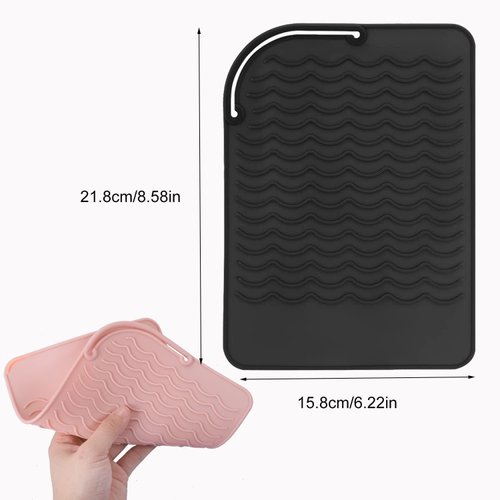 Heat Resistant Silicone Mat for Hair Tools - Pink Flat Iron Pad, Black Curling Iron Pad, Travel Portable Hot Tools Mat (1+1 Pack)