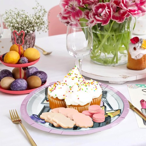 Spa Party Birthday Tableware Kit 71pcs, Make Up Paper Plates Napkins Forks Knives Spoons Plastic Disposable Table Cloth for Girls Spa Makeup Birthday Party Supplies Decorations