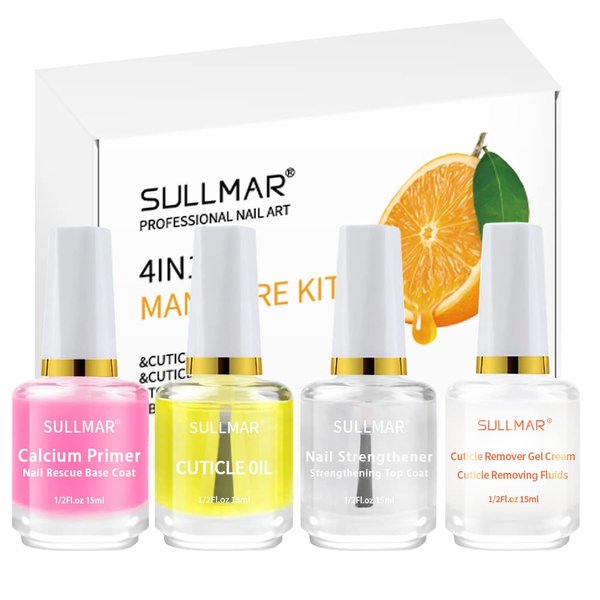 SULLMAR 4in1 Nail Hardener Nail Strengthener Nail Rescue Calcium Primer for Thin Nails Growth Nail Repair Nail Care Kit with Cuticle Oil Cuticle Remover Gel Cream