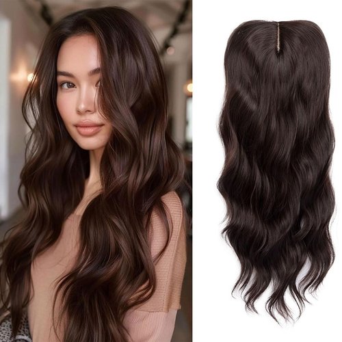 Lace Front Hair Body Wavy Topper Big Base Cover Thinning Hair White Hair Clip in Hair Toppers for Women Fiber Wiglets with Fringe (A-Dark Brown, No Lace)