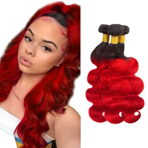 Red Human Hair Bundles Ombre Body Wave Bundles Ombre Red 3 Bundles 10 12 14 inch Two Tone Black Roots to Red Bundle 8A Brazilian Virgin Remy Hair Extensions
