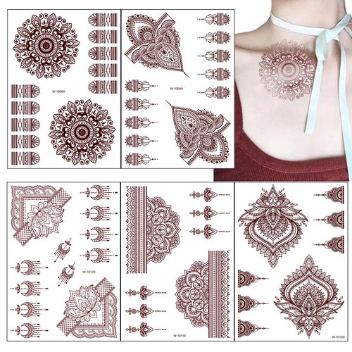 10 Sheets Henna Tattoo Kit, Red Brown Temporary Tattoo Stickers, Lace Floral Temporary Waterproof Fake Tattoo for Women Festivals Wedding Masquerade Party Decorations Design