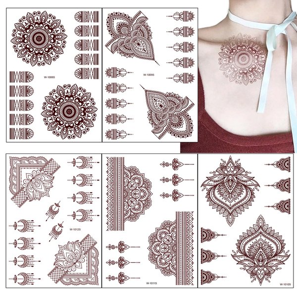 10 Sheets Henna Tattoo Kit, Red Brown Temporary Tattoo Stickers, Lace Floral Temporary Waterproof Fake Tattoo for Women Festivals Wedding Masquerade Party Decorations Design
