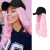 AynnQueen Baseball Cap with Hair Extensions for Women Adjustable Hat with Synthetic Wig Attached 24inch Long Wavy Hair Black Baseball Cap (Light Pink)