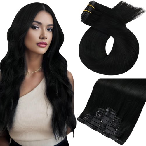 Moresoo Seamless Hair Extensions Clip in Human Hair Jet Black PU Weft Clip in Extensions Human Hair Black Seamless Clip in Hair Extensions Real Human Hair #1 Jet Black 22inch 120g 7Pieces