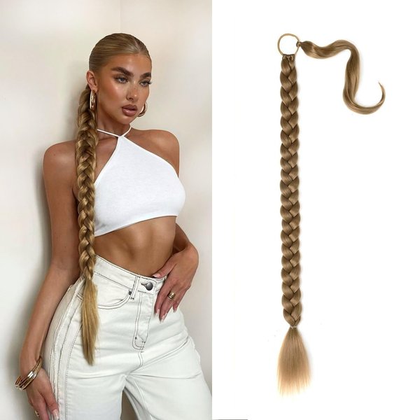 WZNBBOY Long Braided Ponytail Extensions with Elastic Hair Tie Straight Wrap with Braid Pony Tails Hair Pieces Natural Soft Synthetic Ponytail Hair Extensions for Women（Ash Blonde）