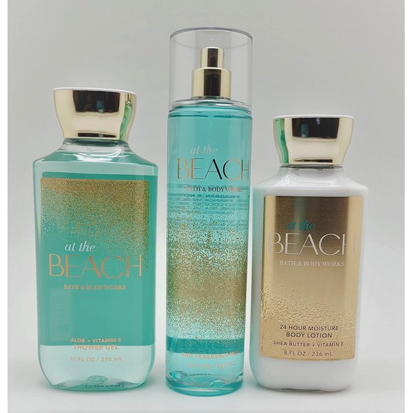 Bath & Body Works - At the Beach - 3 pc Trio Bundle - Shower Gel, Fine Fragrance Mist and 24-Hour Moisture Body Lotion -2020, Full Size