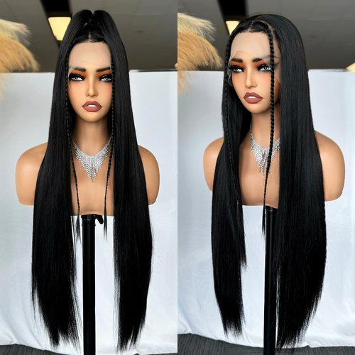 SOKU 13x6 Synthetic Lace Front Wigs 32 Inch Long Straight Wigs with Baby Hair Free Part Natural Black Lace Frontal Wigs Pre Plucked Glueless High Temperature Fiber Wigs for Women Girls Daily Wear