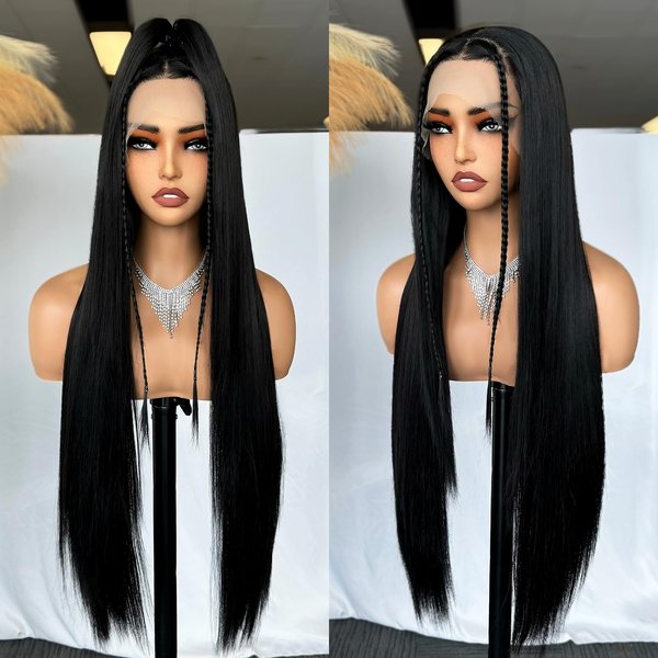 SOKU 13x6 Synthetic Lace Front Wigs 32 Inch Long Straight Wigs with Baby Hair Free Part Natural Black Lace Frontal Wigs Pre Plucked Glueless High Temperature Fiber Wigs for Women Girls Daily Wear
