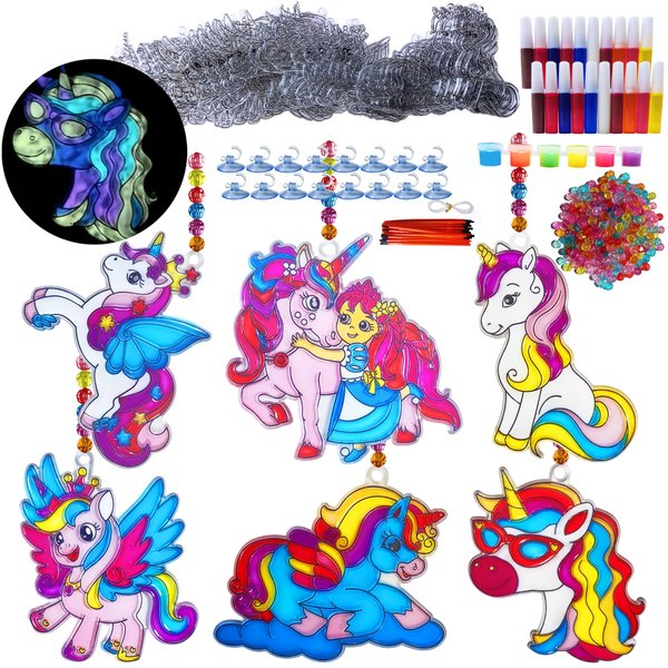 30 Sets Unicorn Suncatcher Craft Kits Glow in The Dark Window Art Unicorn Painting Kit DIY Unicorn Stained Glass Suncatcher Gifts for Unicorn Party Favors Birthday Party Activities Art Project