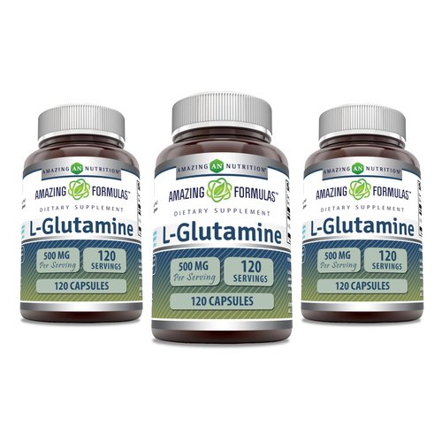 Amazing Formulas L-Glutamine 500 mg Capsules | Amino Acid Supplement | Non-GMO | Gluten Free | Made in USA (3 Pack, 120 Count)