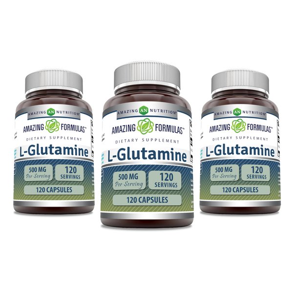 Amazing Formulas L-Glutamine 500 mg Capsules | Amino Acid Supplement | Non-GMO | Gluten Free | Made in USA (3 Pack, 120 Count)