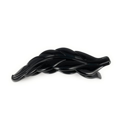 Black leaf barrette curved hair clip leaves 4.5 inches long stamped textured plastic shiny black plastic