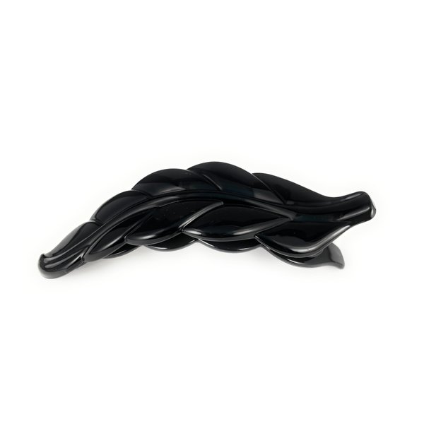 Black leaf barrette curved hair clip leaves 4.5 inches long stamped textured plastic shiny black plastic