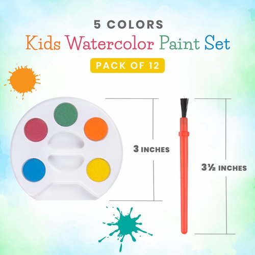 Mini Watercolor Kids Paint Set - (Bulk Pack of 12) - 5 Watercolor Paints, Palette Tray and Painting Brush, for Art Party Favors, Kids Prizes and Paint Party Supplies